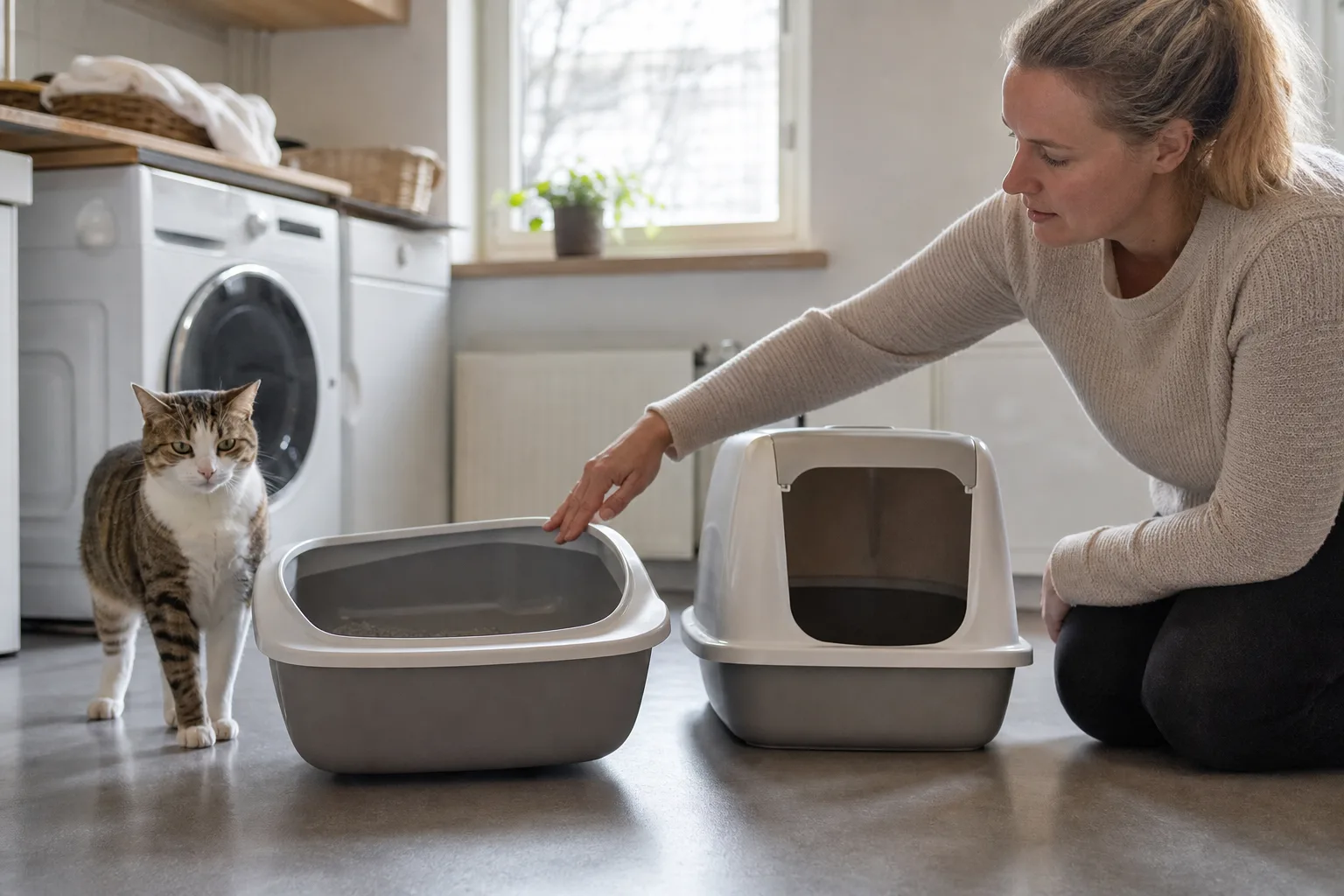 Öppen och täckt kattlåda jämförs i en tvättstuga med en katt intill.