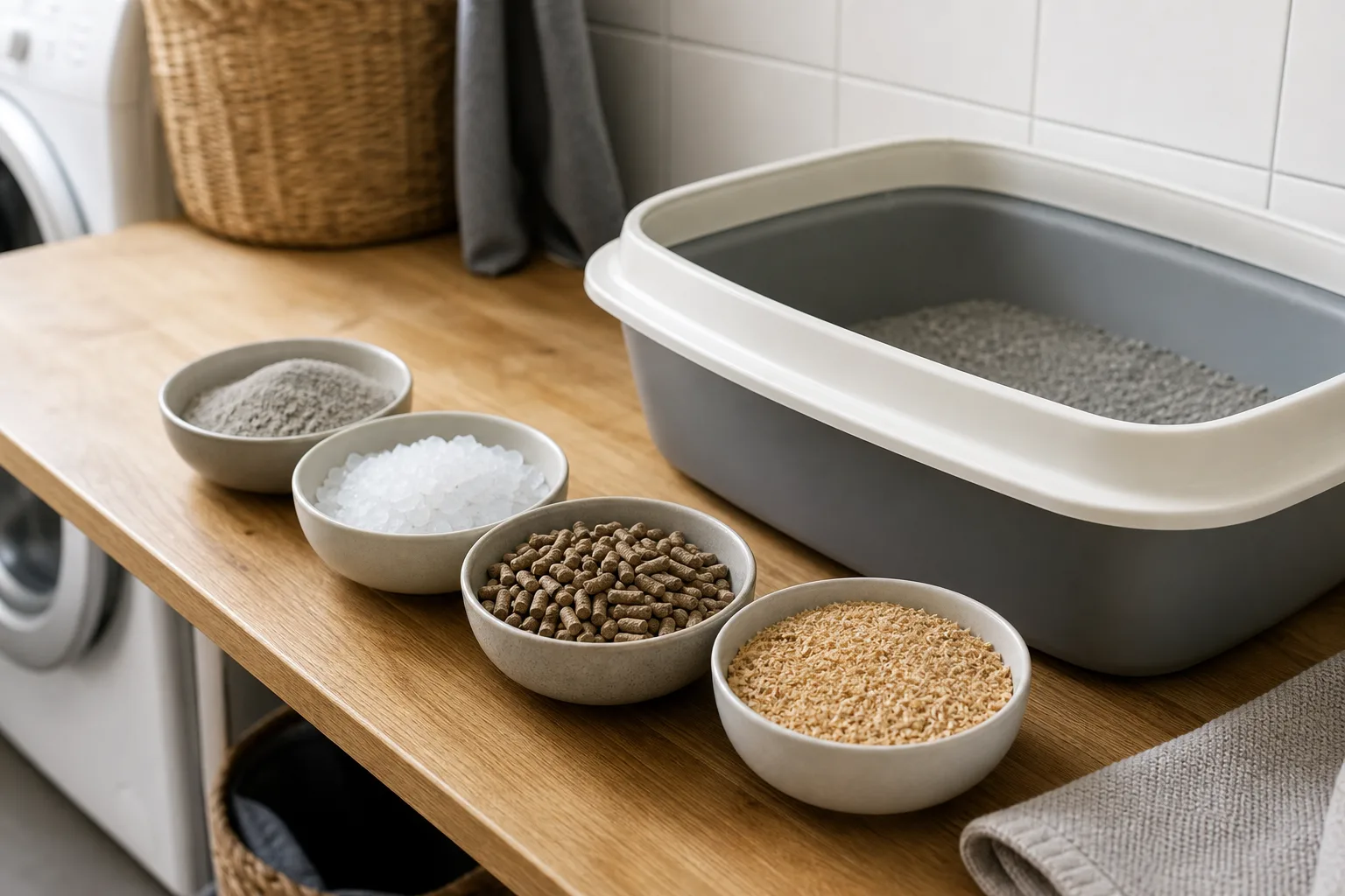 Fyra sorters kattsand i skålar bredvid en plastkattlåda.