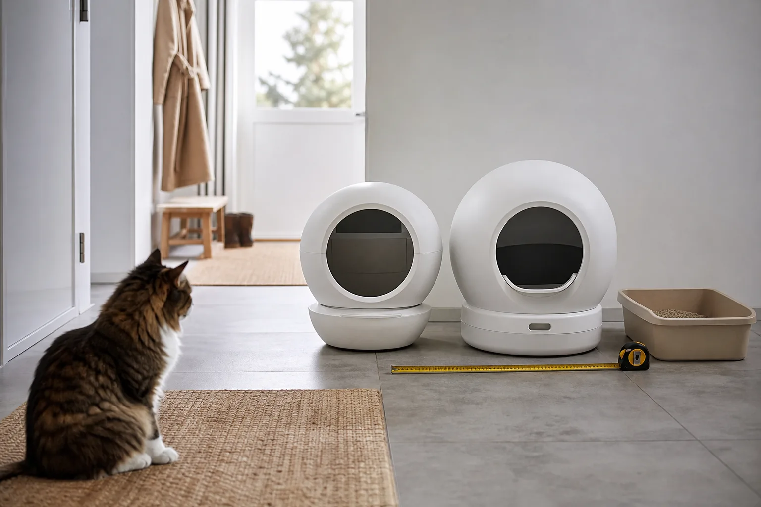 Två stillastående runda robotlådor och en öppen kattlåda i en hall.
