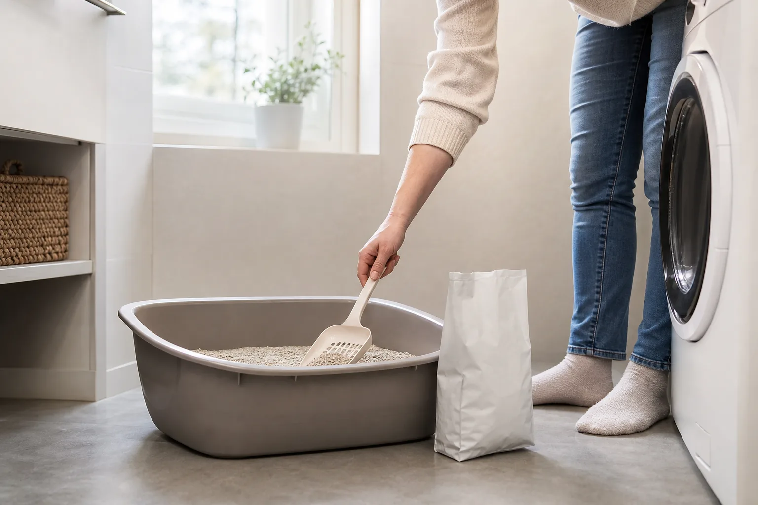 Hand skopar ren kattsand vid plastkattlåda i tvättstuga.