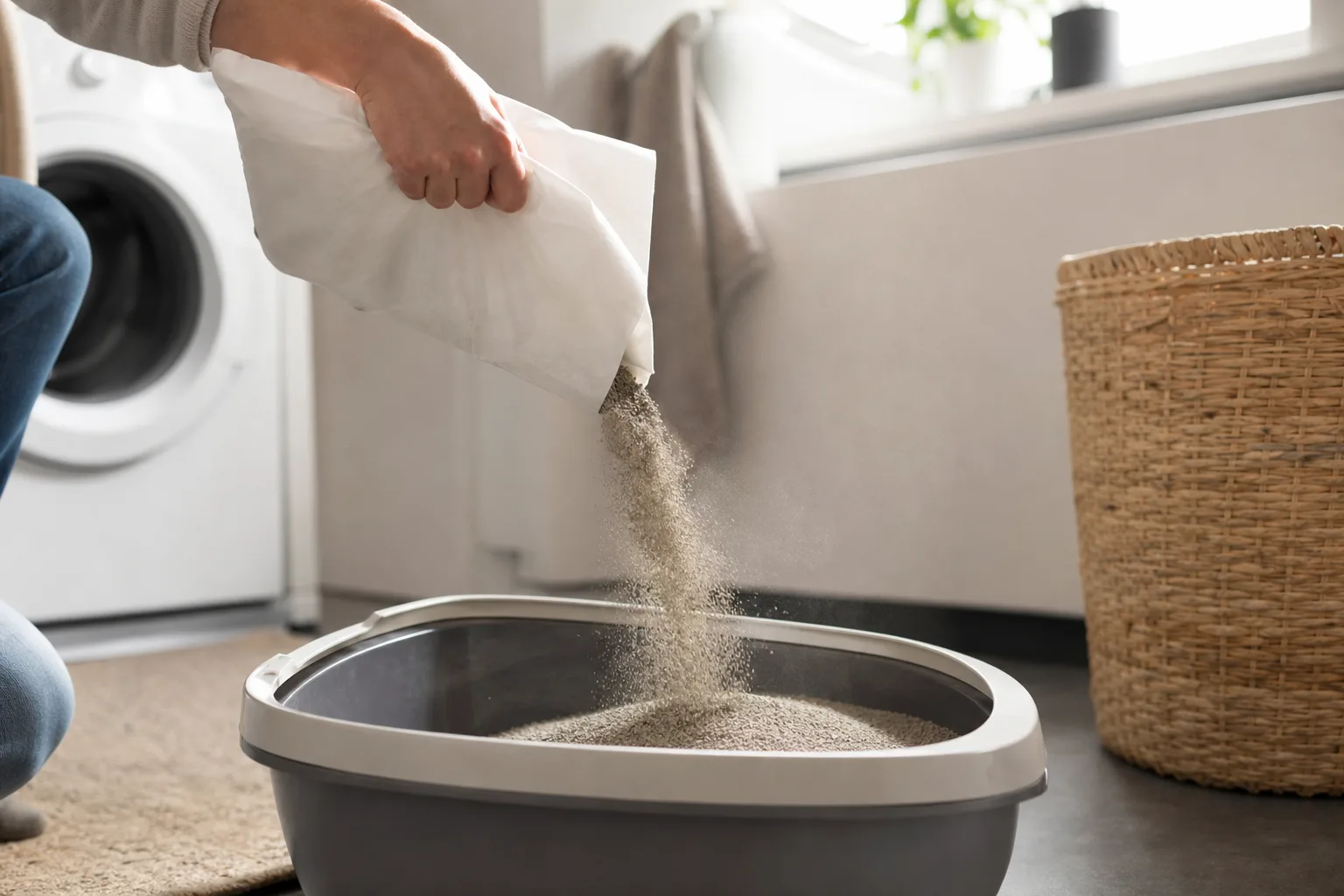 Hand häller finkornig kattsand i kattlåda i dagsljus.