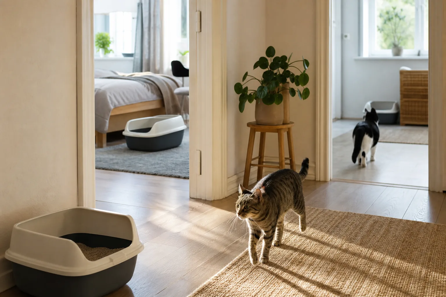 Tre plastkattlådor placerade i skilda rum för två katter.