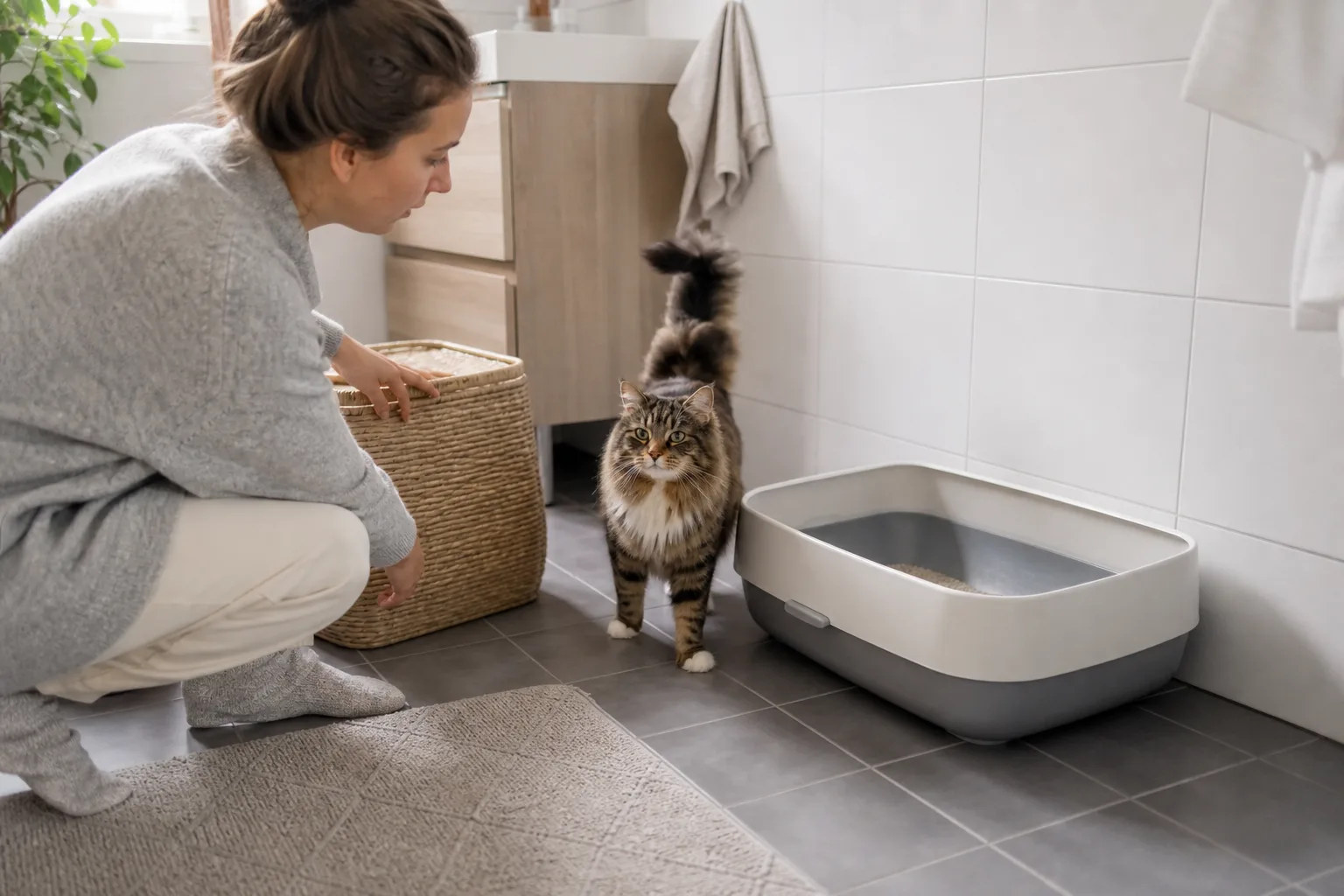 Lugn katt vid ren plastkattlåda när vägen till den frigörs.