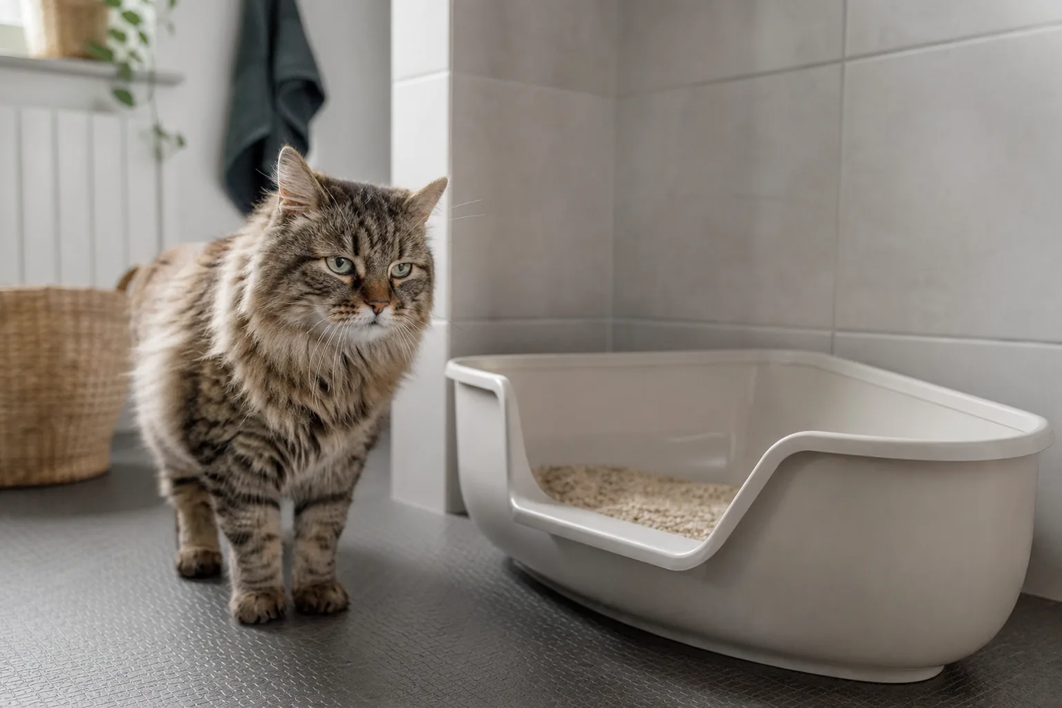 Äldre katt vid rymlig plastkattlåda med låg öppning.