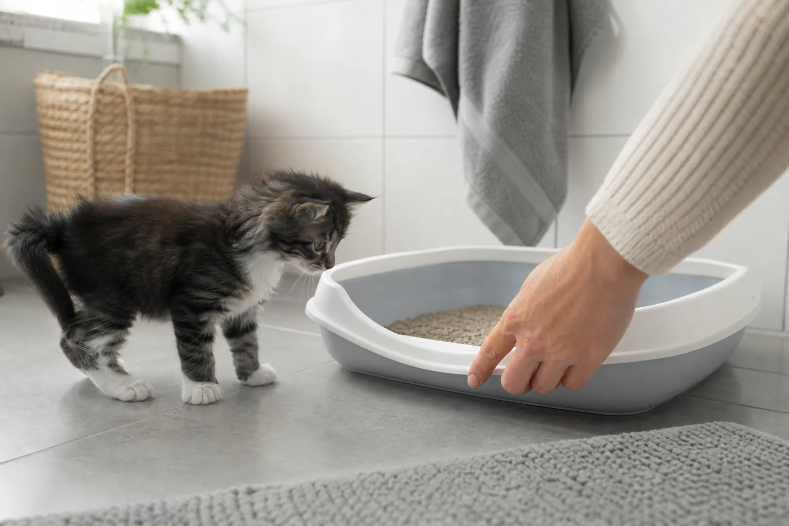 Kattunge vid plastkattlåda med låg ingång i badrum.