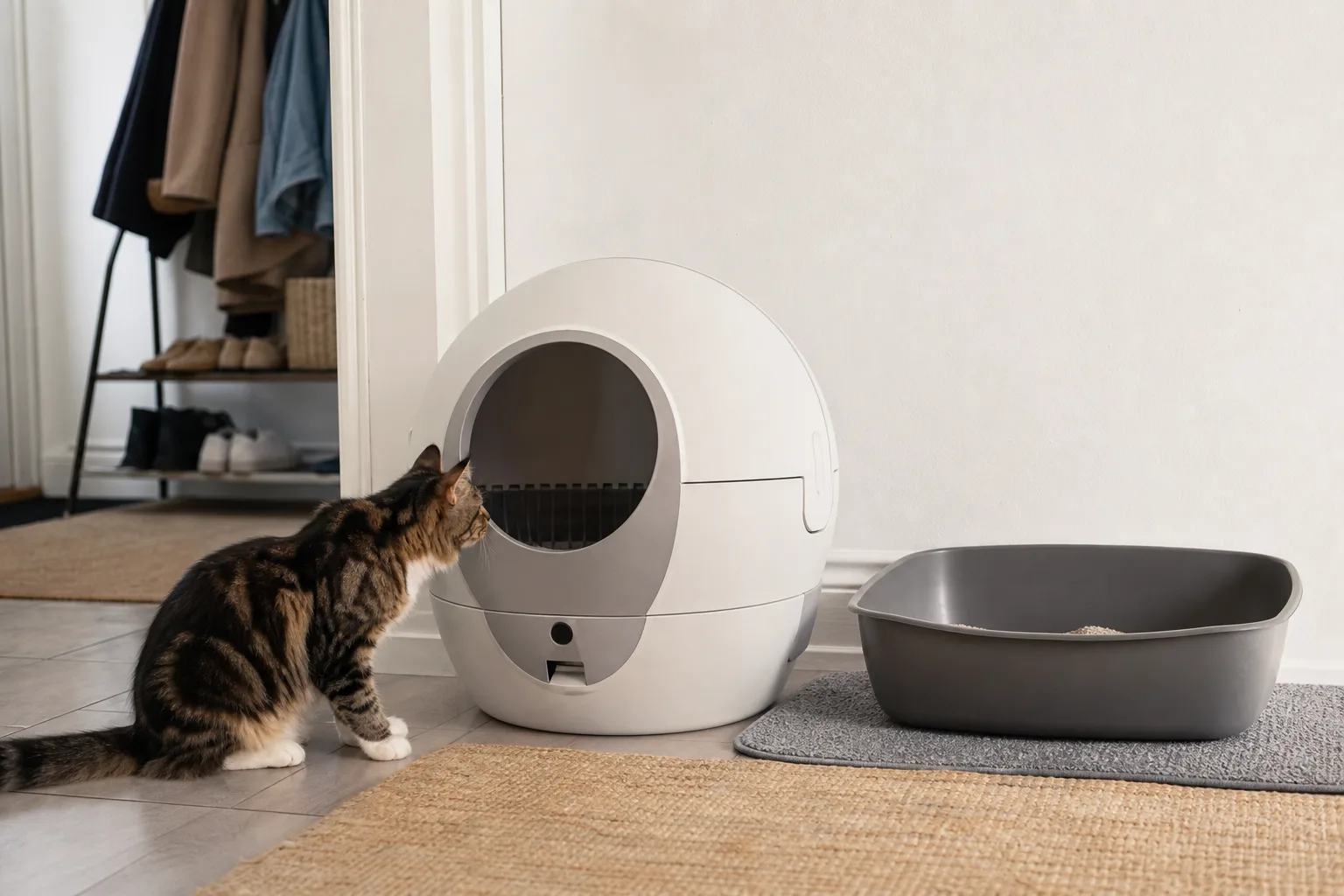 Lugn katt undersöker avstängd robotlåda bredvid sin gamla låda.
