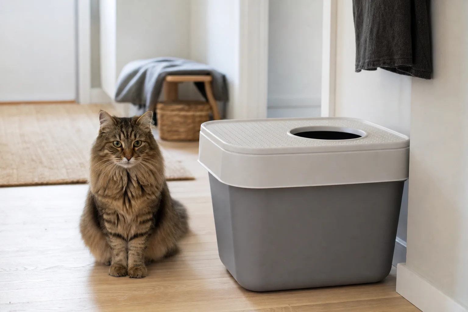 Kattlåda med toppentré och några sandkorn på locket i en hall.