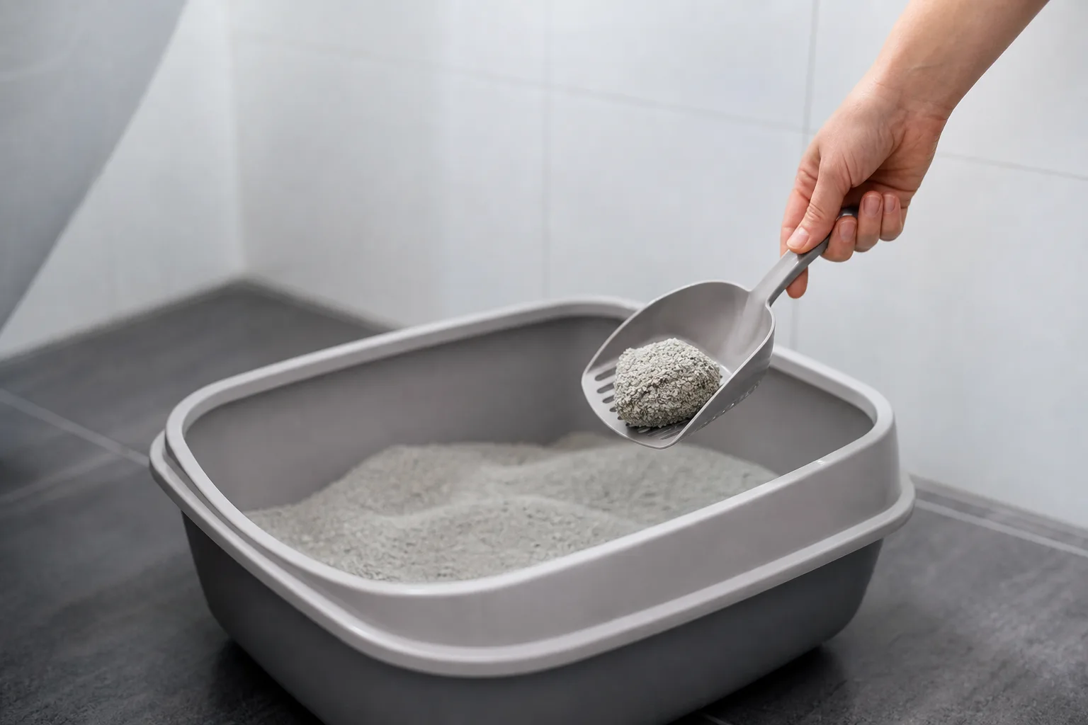 Skopa med grå sandklump över kattlåda med finkornig sand.
