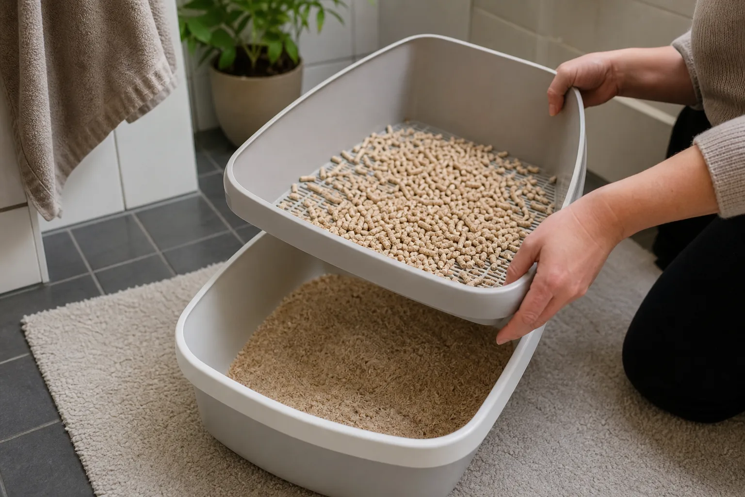 Träpellets i tvådelad plastkattlåda med synlig silbotten.