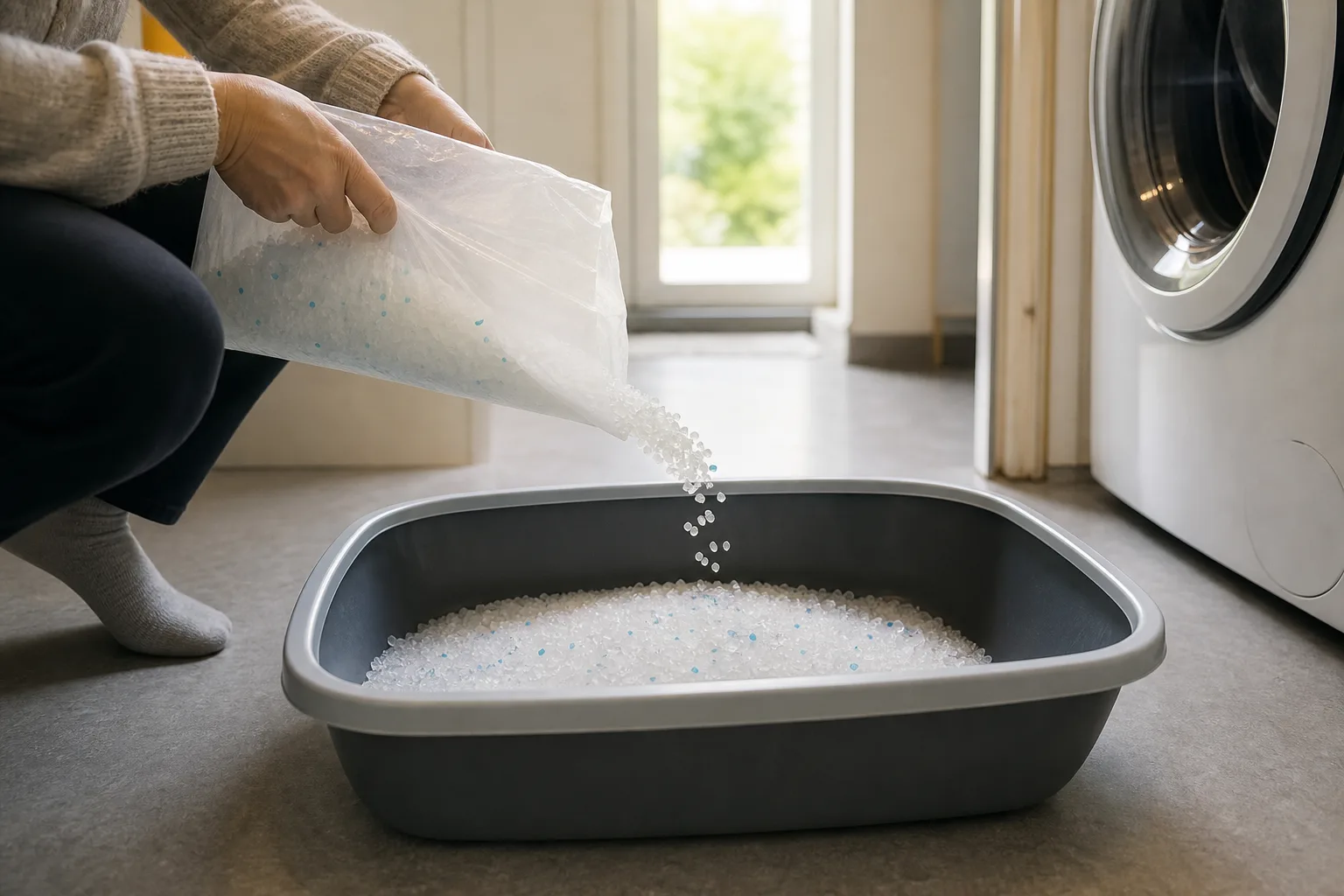 Genomskinliga silikatkristaller fylls på i en öppen plastkattlåda.