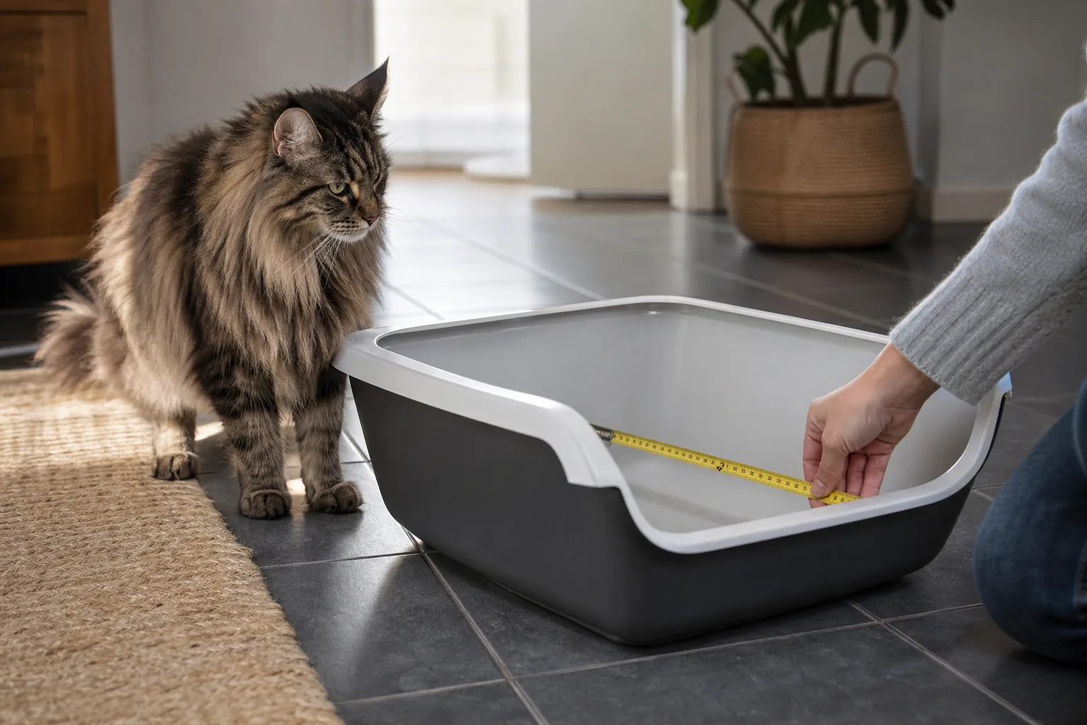 Stor maine coon bredvid en extra rymlig kattlåda som mäts invändigt.