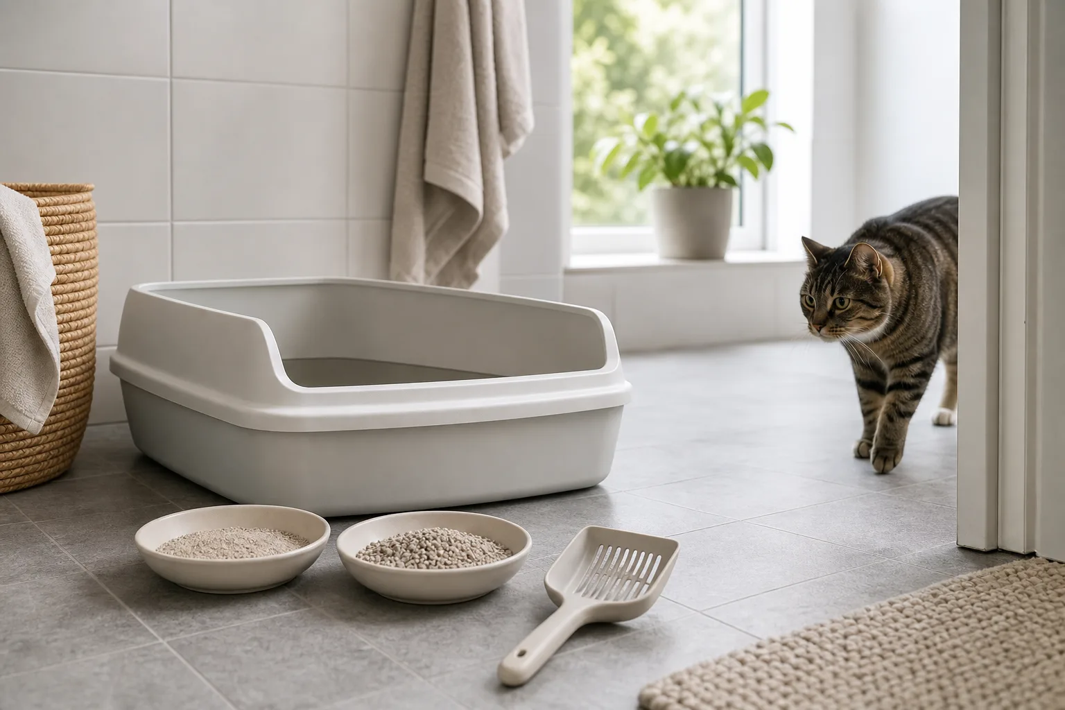 Öppen kattlåda, två sorters kattsand och skopa i ett badrum.