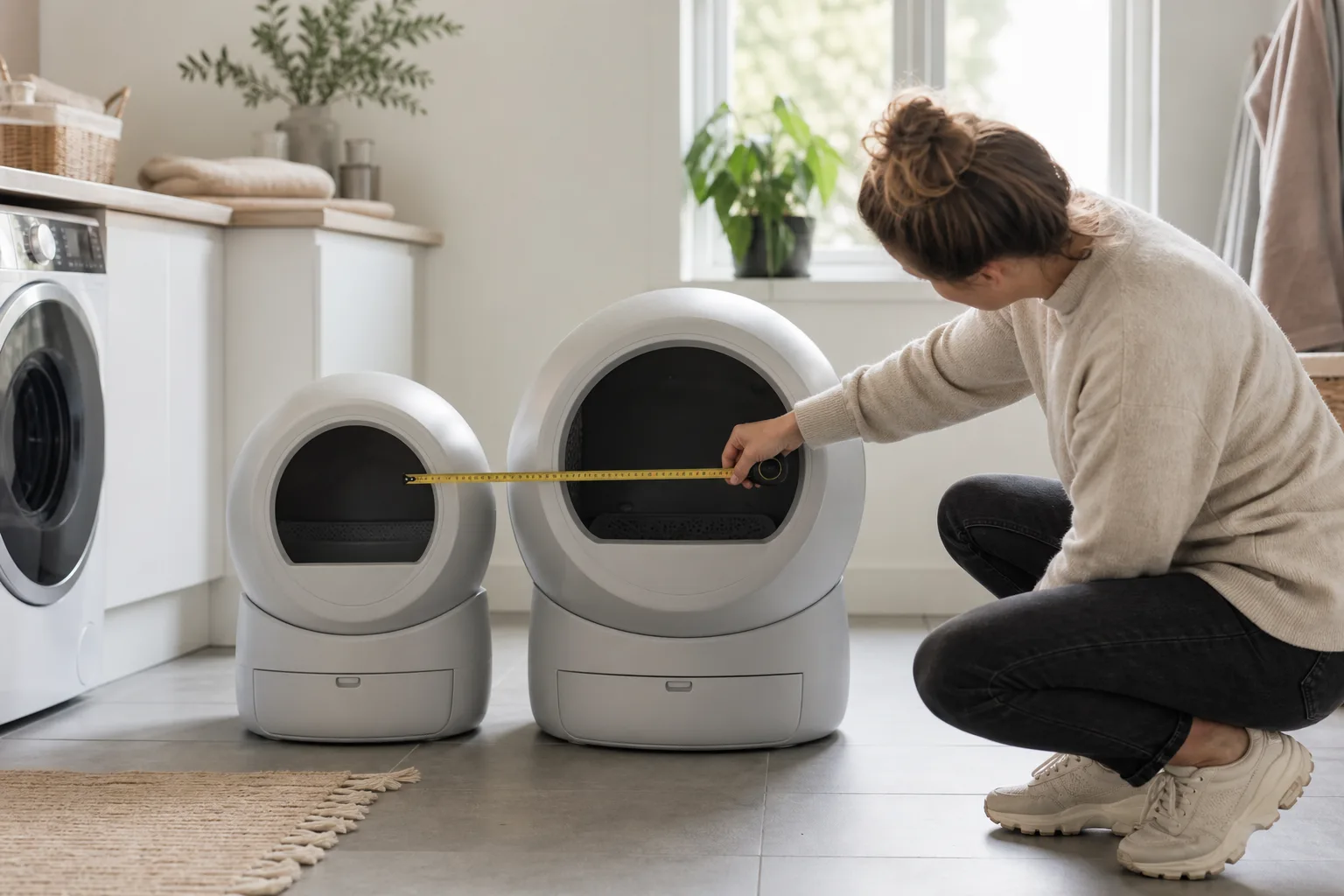 Två runda robotlådor jämförs med måttband i en tvättstuga.
