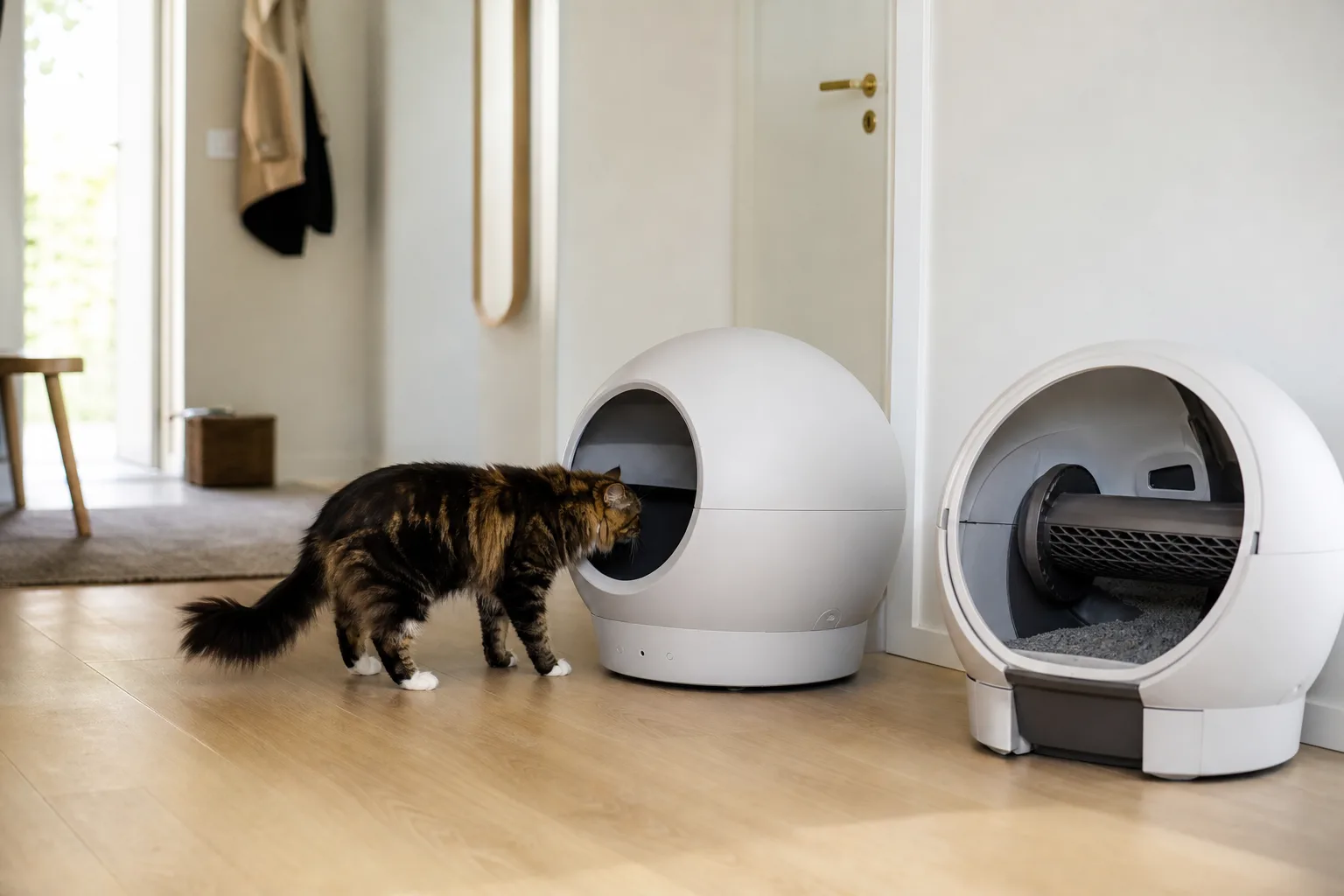 Katt vid ingången till en stillastående rund robotlåda i hall.
