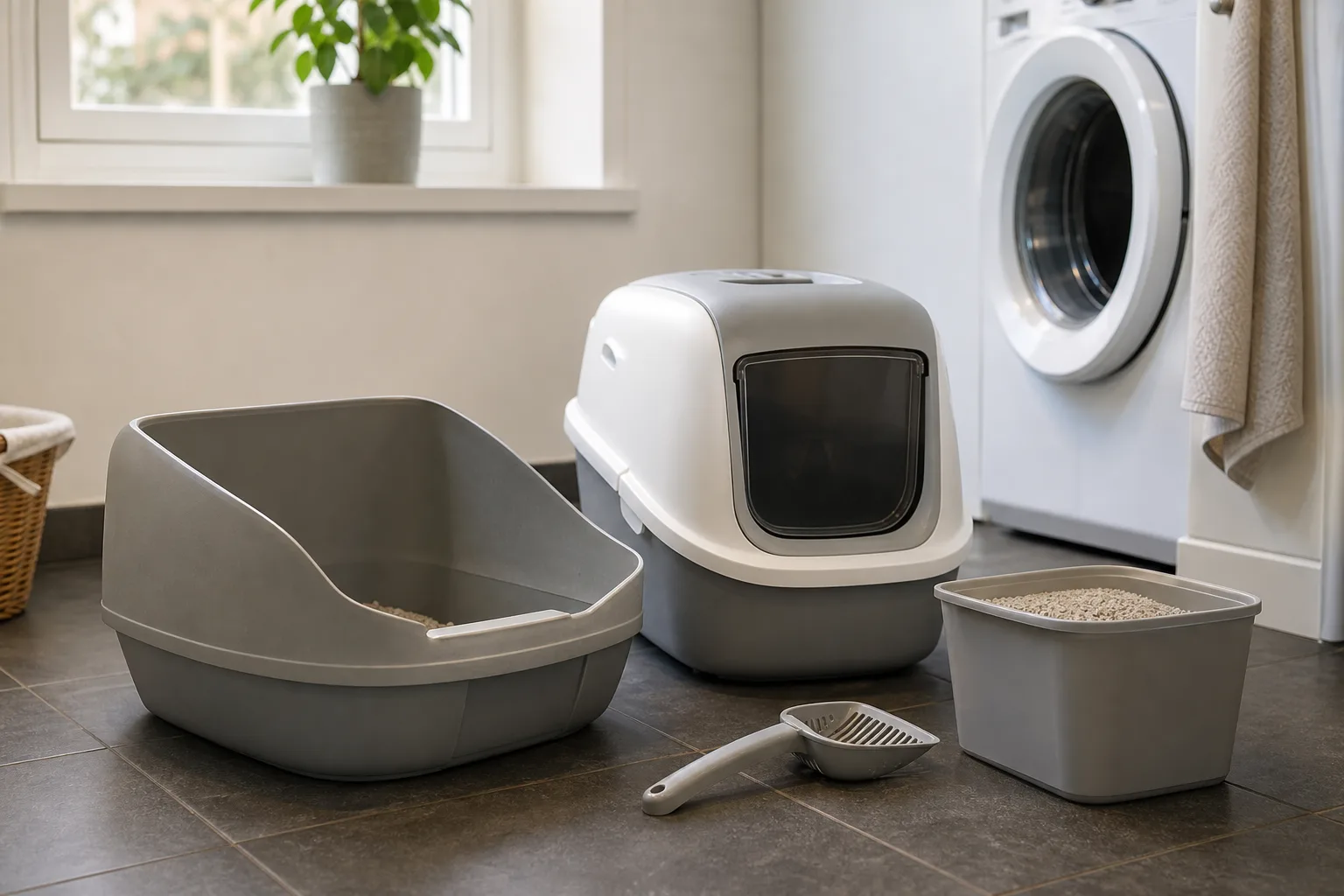 Öppen och täckt plastkattlåda med skopa och kattsand.