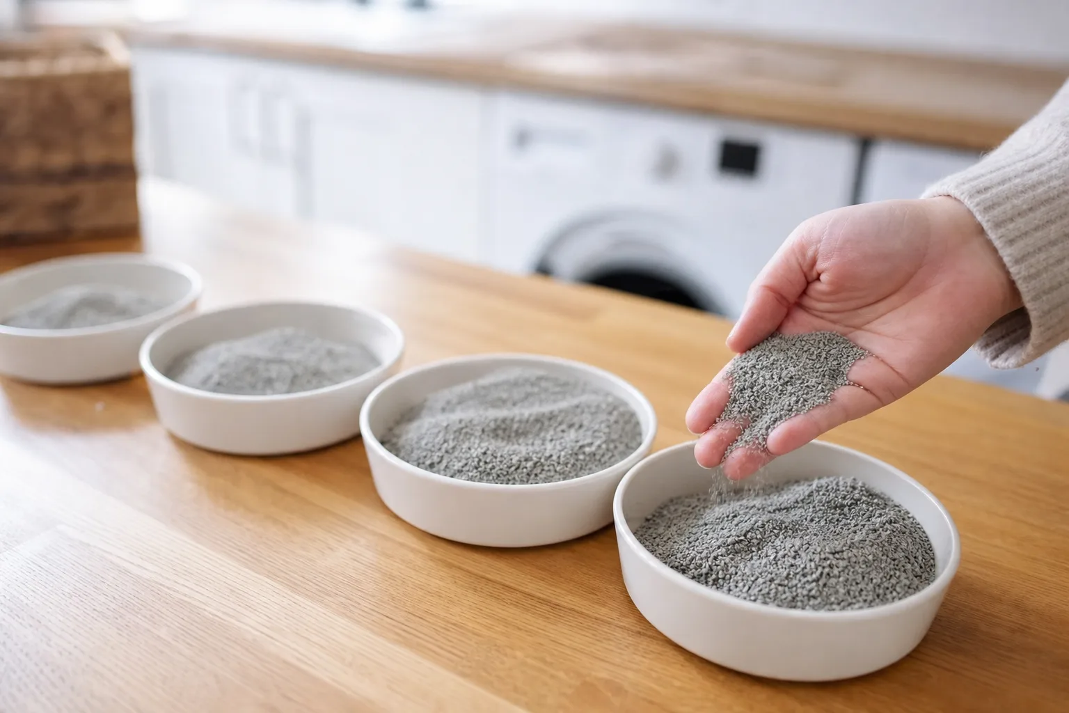 Finkornig grå kattsand i fyra skålar på en tvättstugebänk.