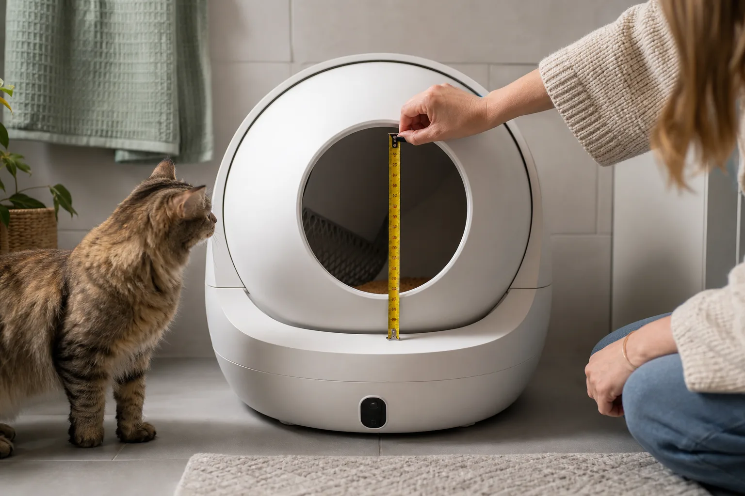 Rund självrengörande kattlåda mäts i ett badrum med katten bredvid.