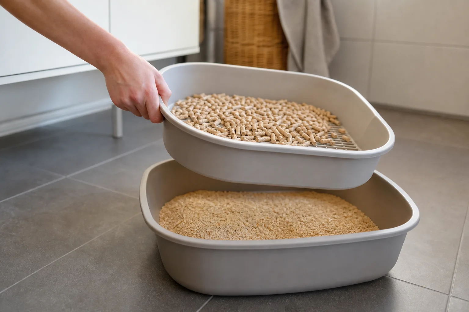 Tvådelad plastkattlåda med silbotten, träpellets och träspån.