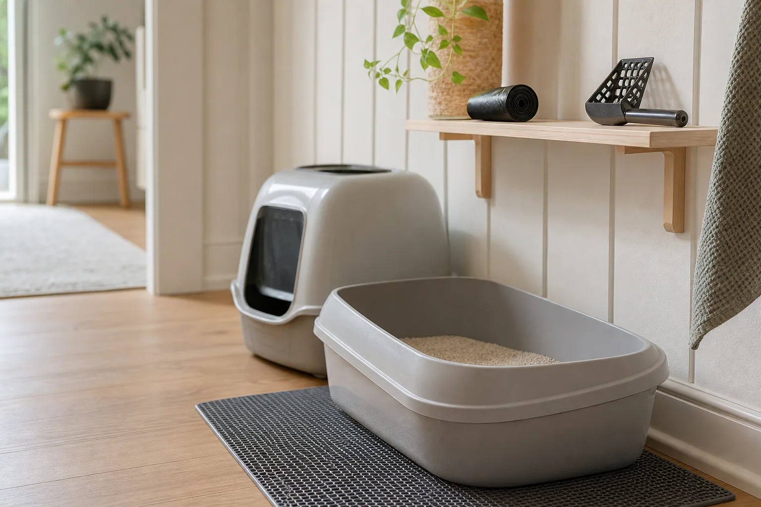 Två plastkattlådor med skopa och omärkt påsrulle på en hylla.